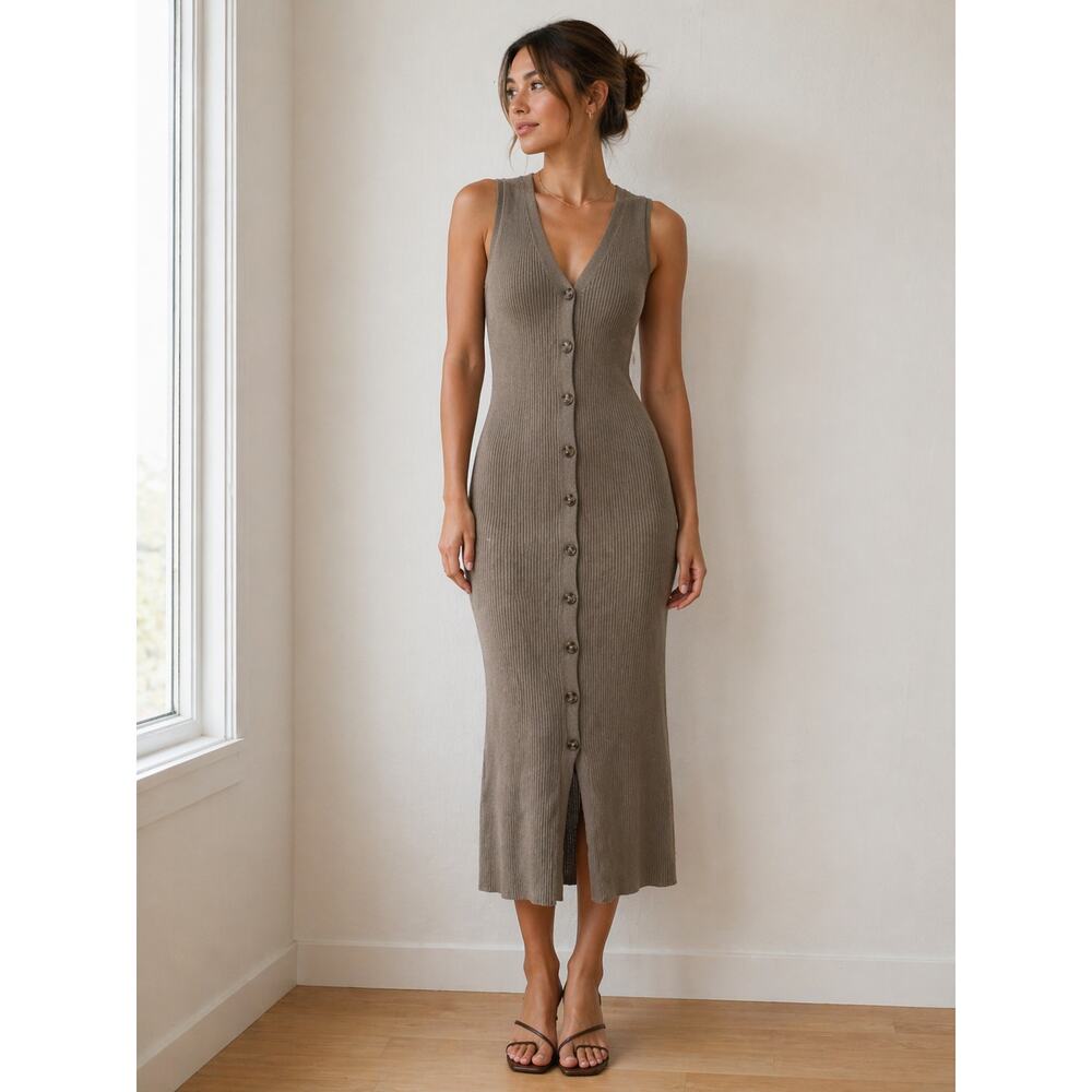 Tan Button Down Ribbed Dress Large